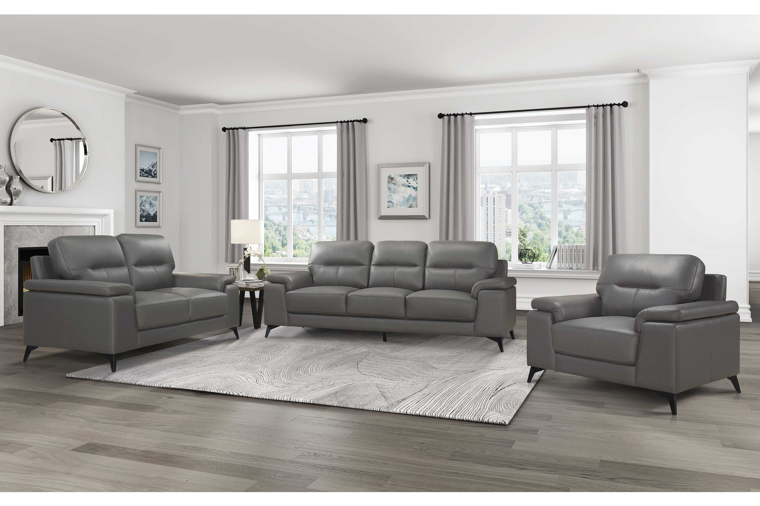 Mischa Top Grain Leather 3PC Sofa Set Dark Grey 9514