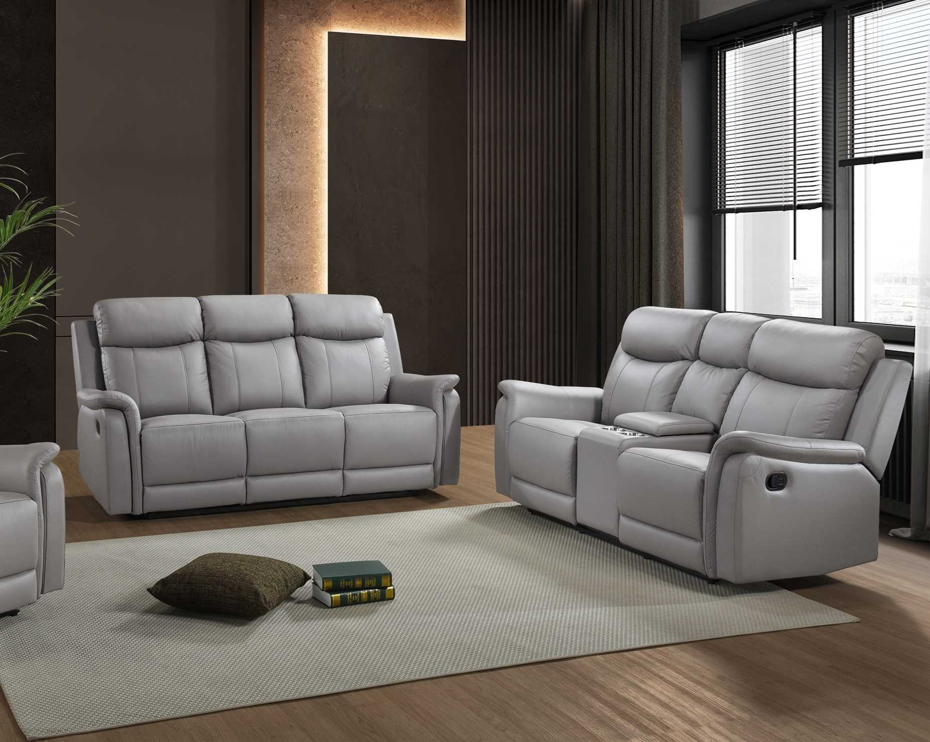Cyrus Top Grain Leather Reclining Sofa Set Light Grey 99840