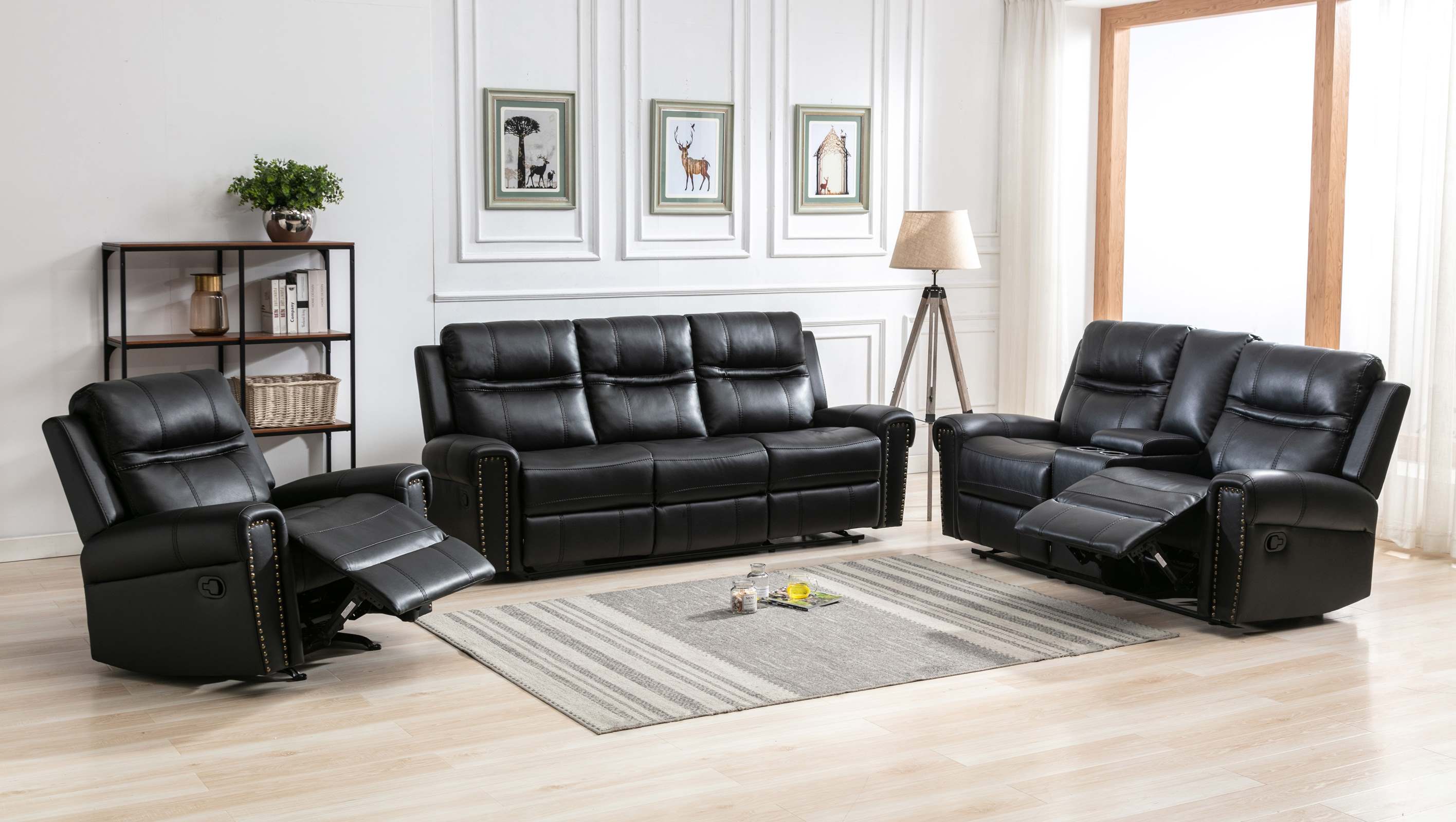 Emerson Black Leather Gel Manual Recliner Sofa Set 99927