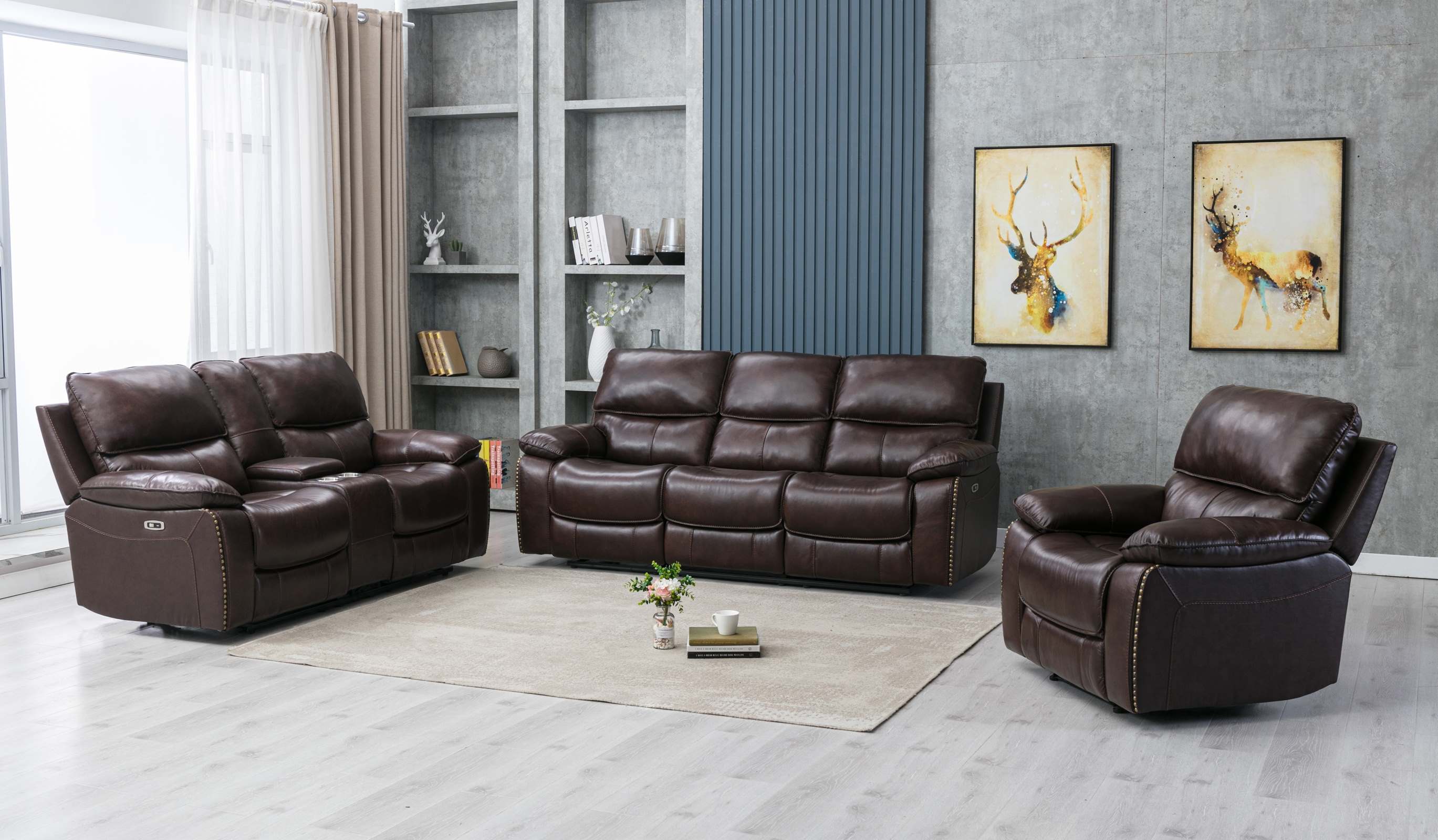 A brown top grain leather power reclining collection, including a sofa and a loveseat with center console, in a room setting.
