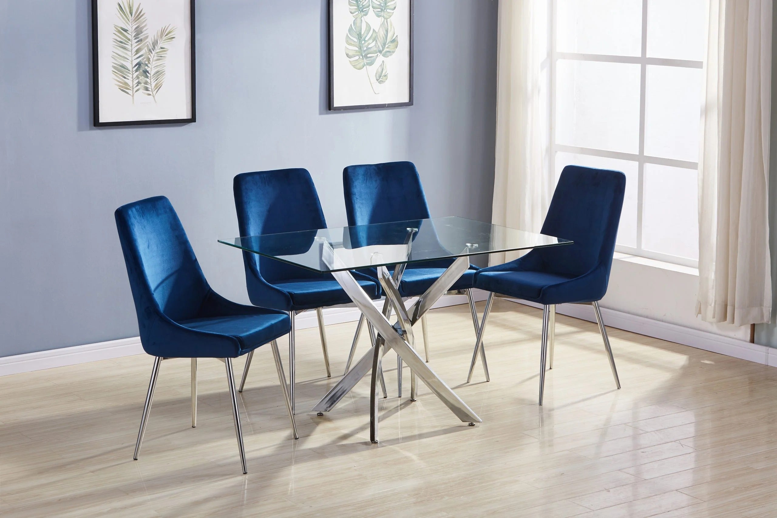 Rectangle Chrome Leg Dining Table with 4 Blue Chairs ( Open Box )