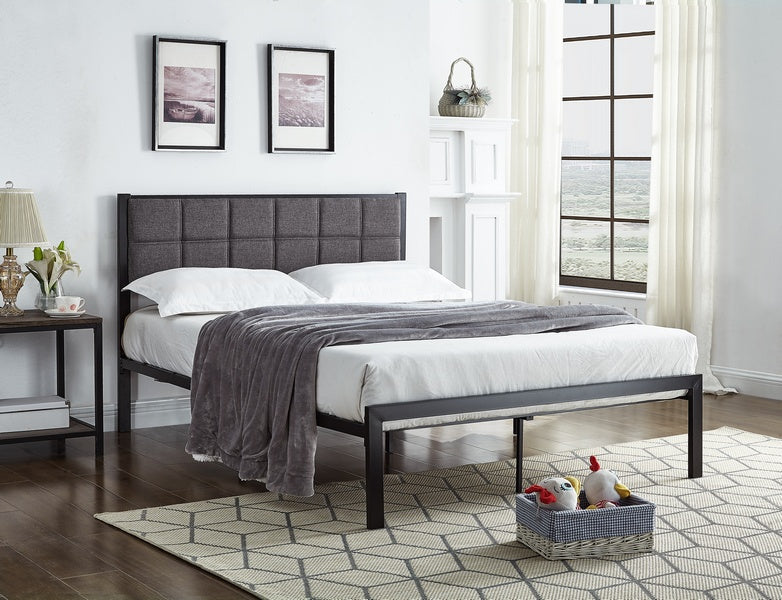 Black Metal Bed With A Padded Grey Fabric Headboard 105