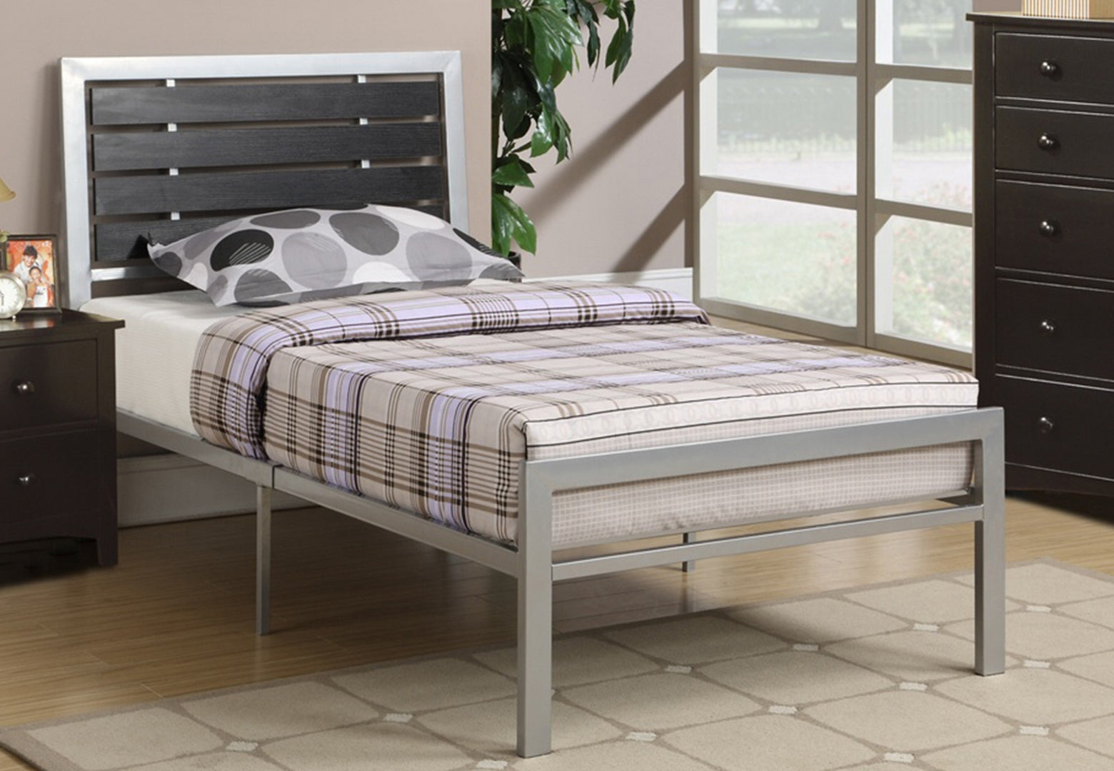 Silver Metal Frame with Espresso Wood Panel Bed 112