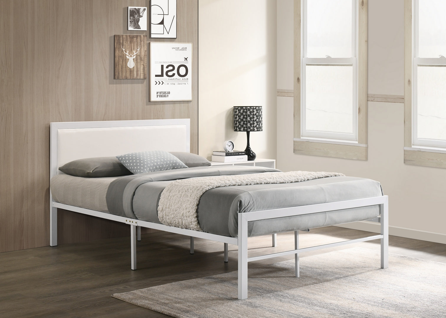 White Metal Bed With White PU Headboard 142W