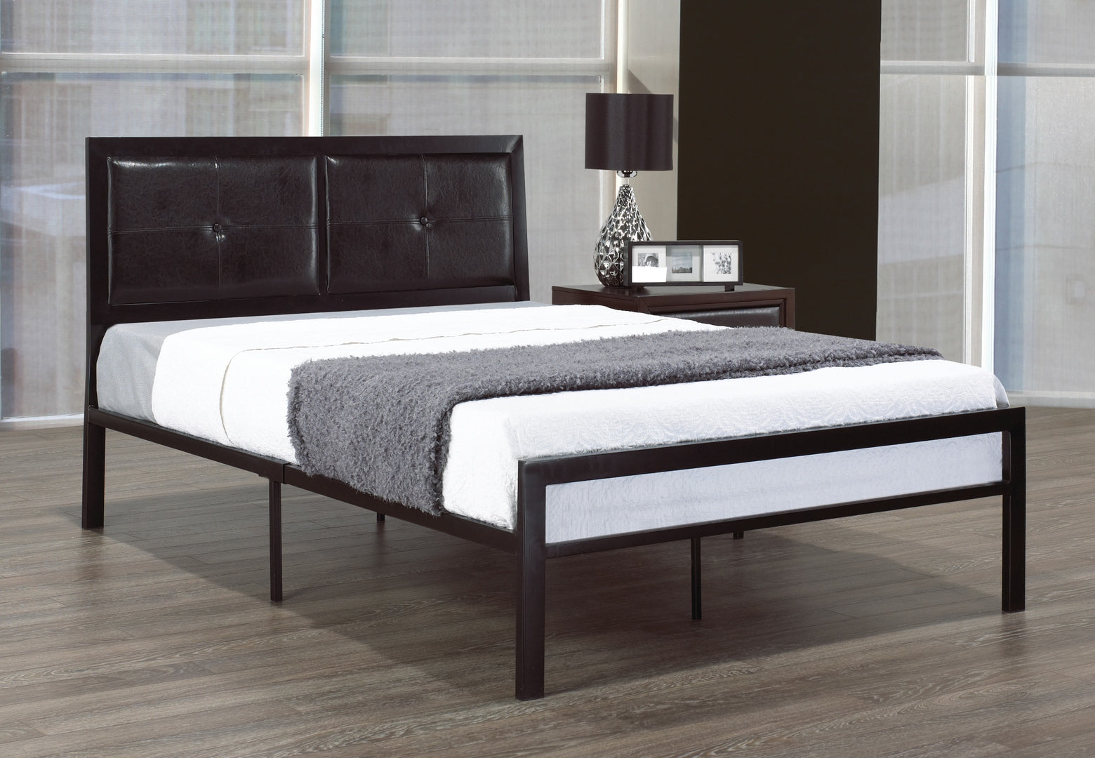 ( Discontinued ) Black Metal Bed With Black PU Headboard 185B