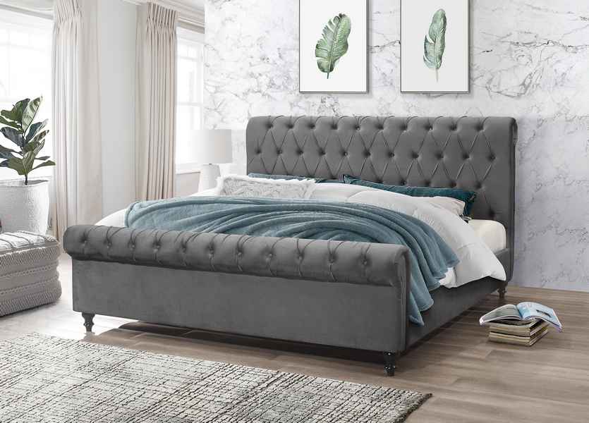 Queen Grey Velvet Fabric Bed 197