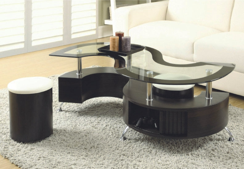 Espresso Glass Coffee Table With 2 Stools #2050