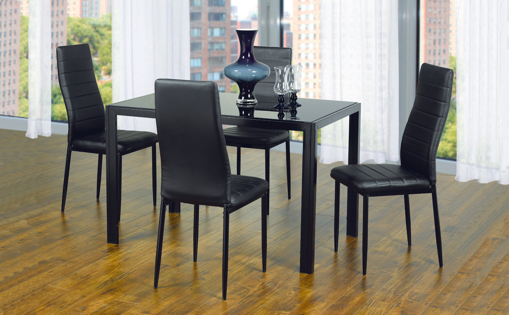 Black Tempered Glass Dining Table with 4 Black Chairs 5053