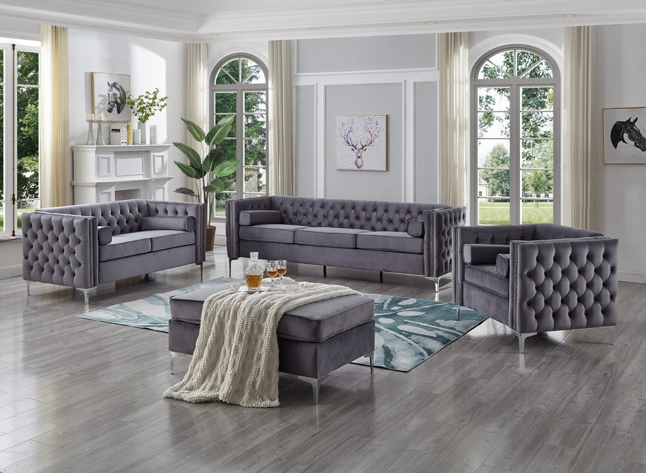 Velvet Fabric Chair with Deep Tufting in Grey 8006