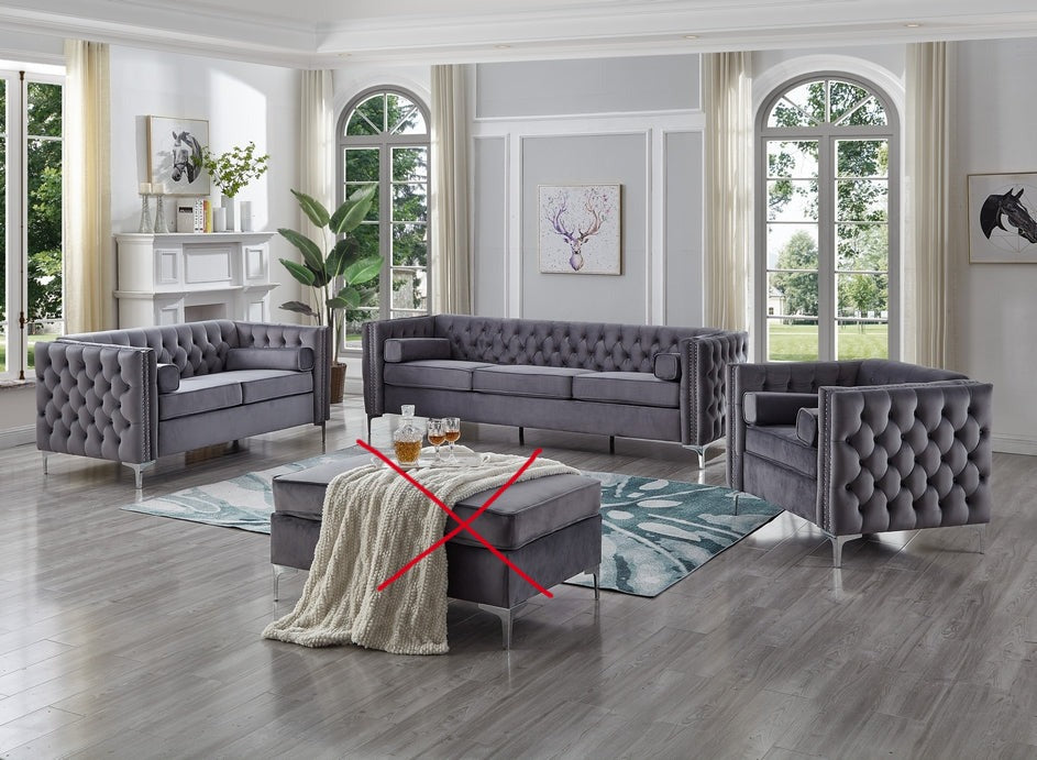 Velvet Fabric Sofa Set with Deep Tufting in Grey 8006