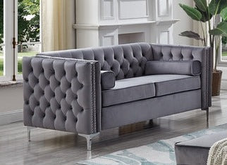 Velvet Fabric Loveseat with Deep Tufting in Grey 8006
