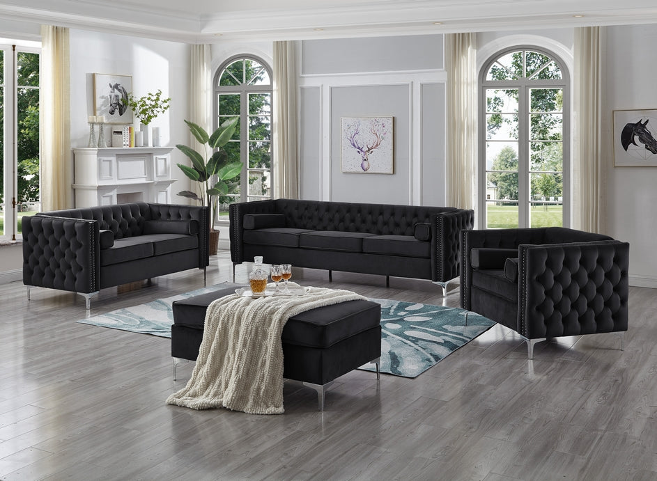 Black Velvet Fabric Sofa Set with Depp Tufting 8007