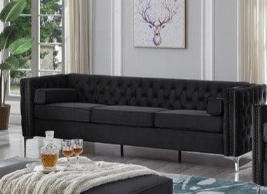 Black Velvet Fabric Sofa with Depp Tufting 8007
