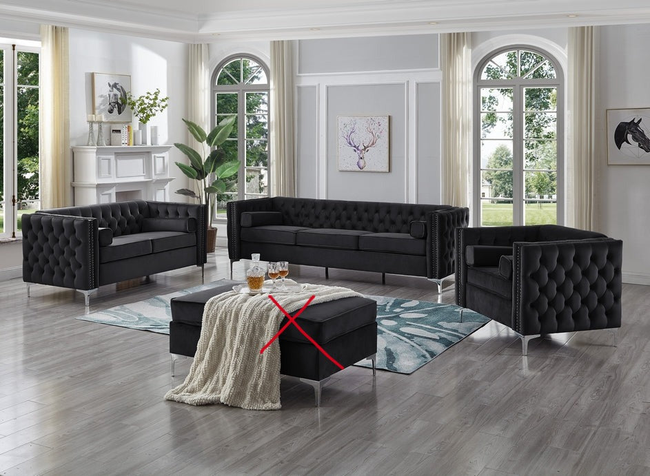 Black Velvet Fabric 3PC Sofa Set with Depp Tufting 8007