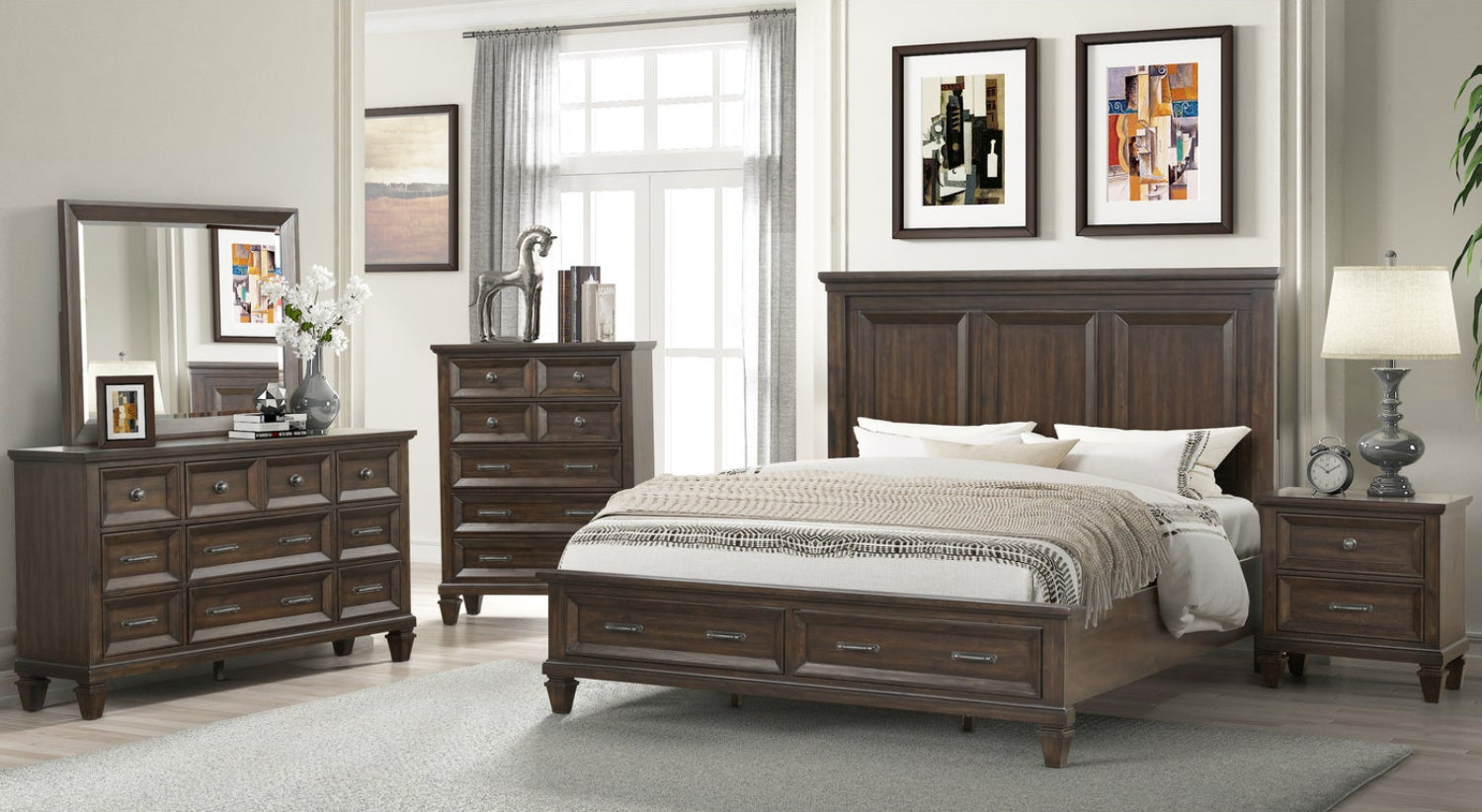 Wooden bedroom furniture set with bed, dresser, mirror, and nightstands in a room setting.