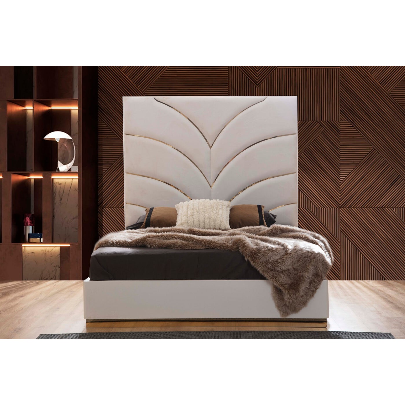 Laura White & Gold Lacquer Hydraulic Lift Up Bed With Fabric Headboard 1401