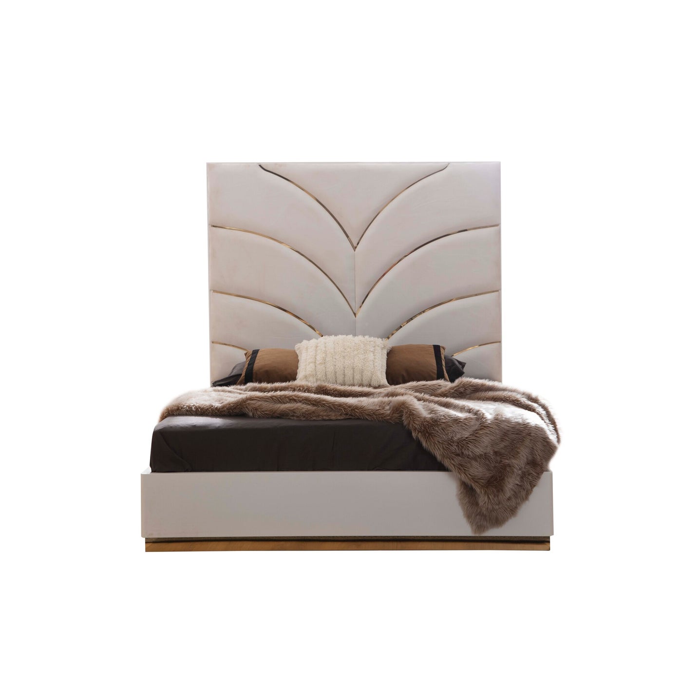 Laura White & Gold Lacquer Hydraulic Lift Up Bed With Fabric Headboard 1401