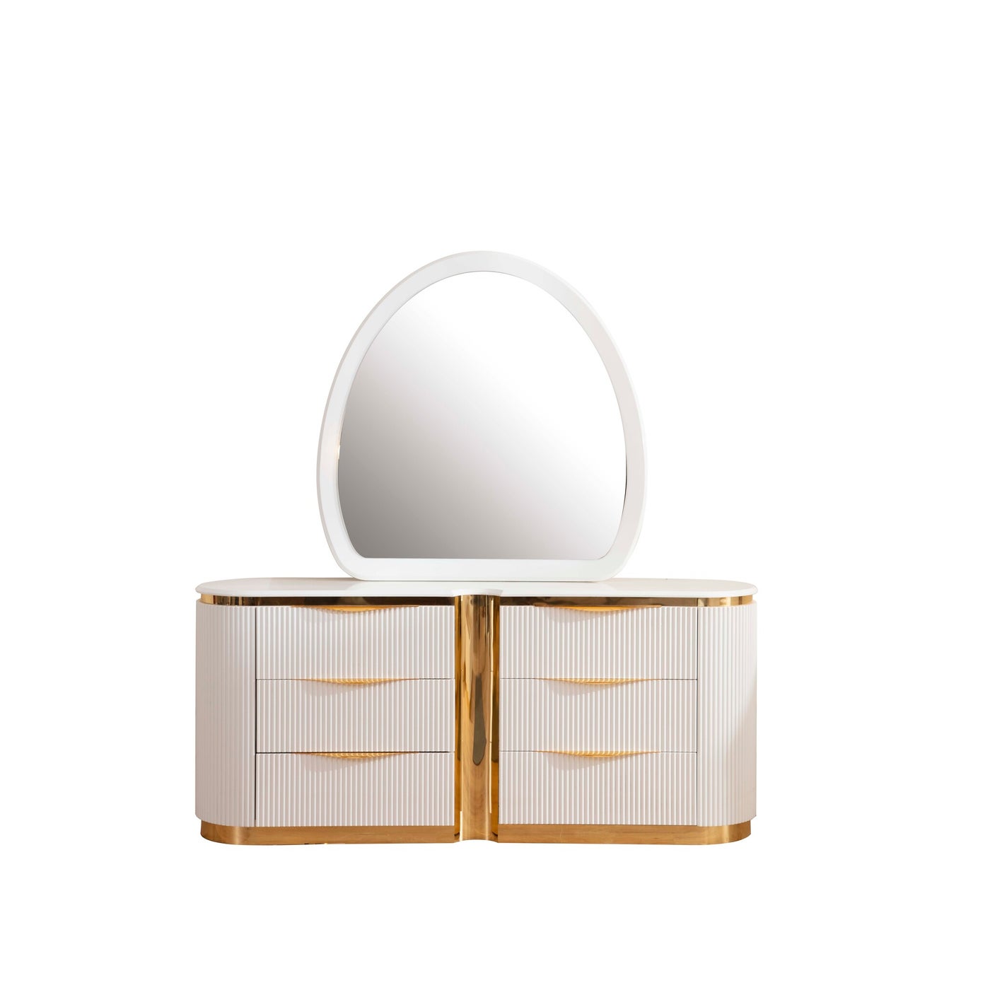 Laura White & Gold Lacquer Lift Up 6PC Bedroom Set With Fabric Headboard 1401