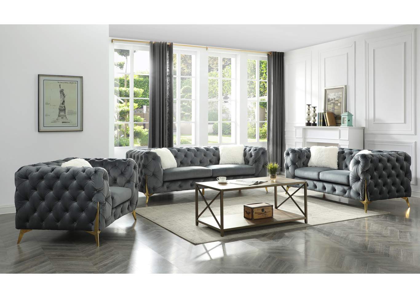 Moderno Grey Velvet Loveseat With Gold Legs 4425