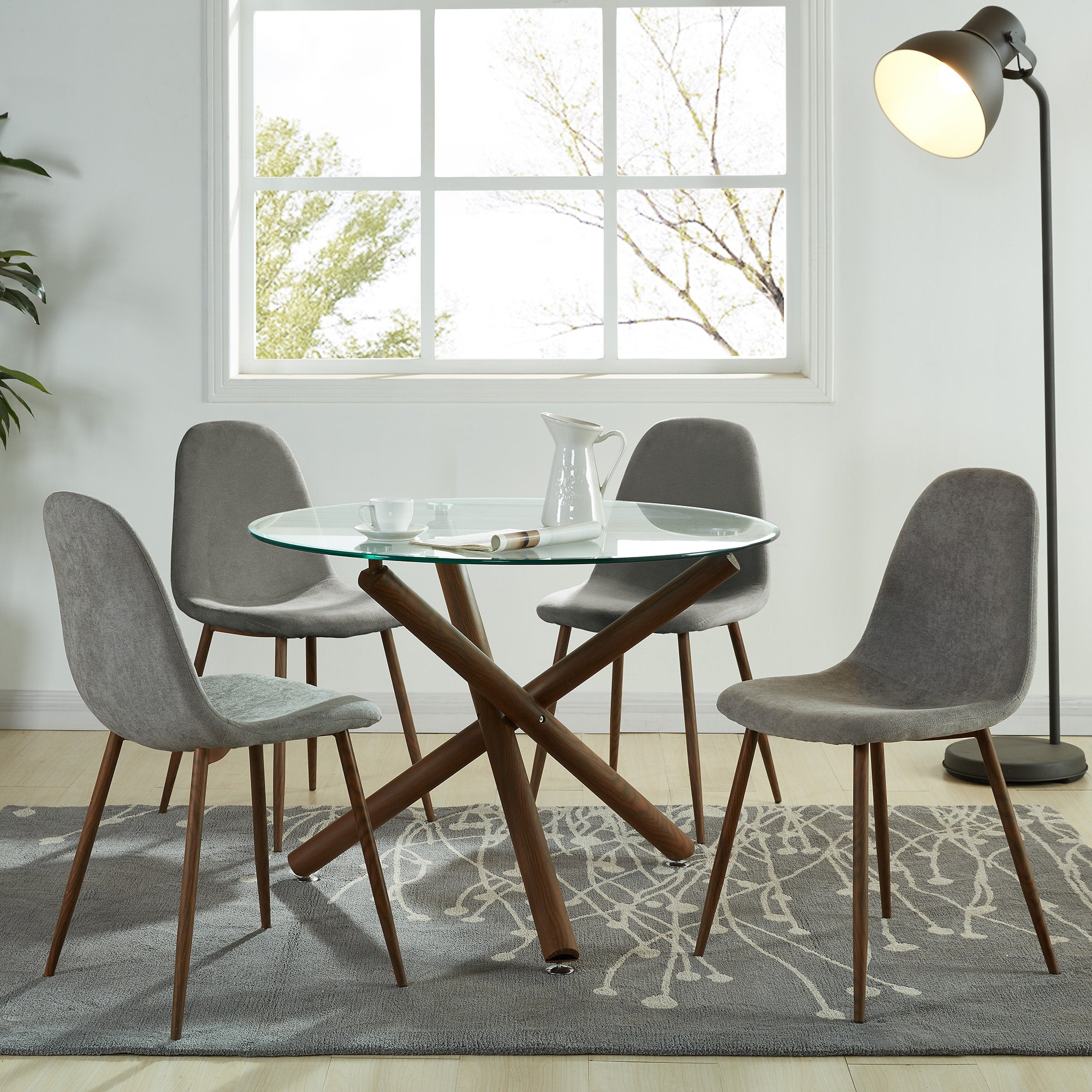 Rocca/Lyna 5pc Dining Set in Walnut with Grey Chair 207-264/250GY