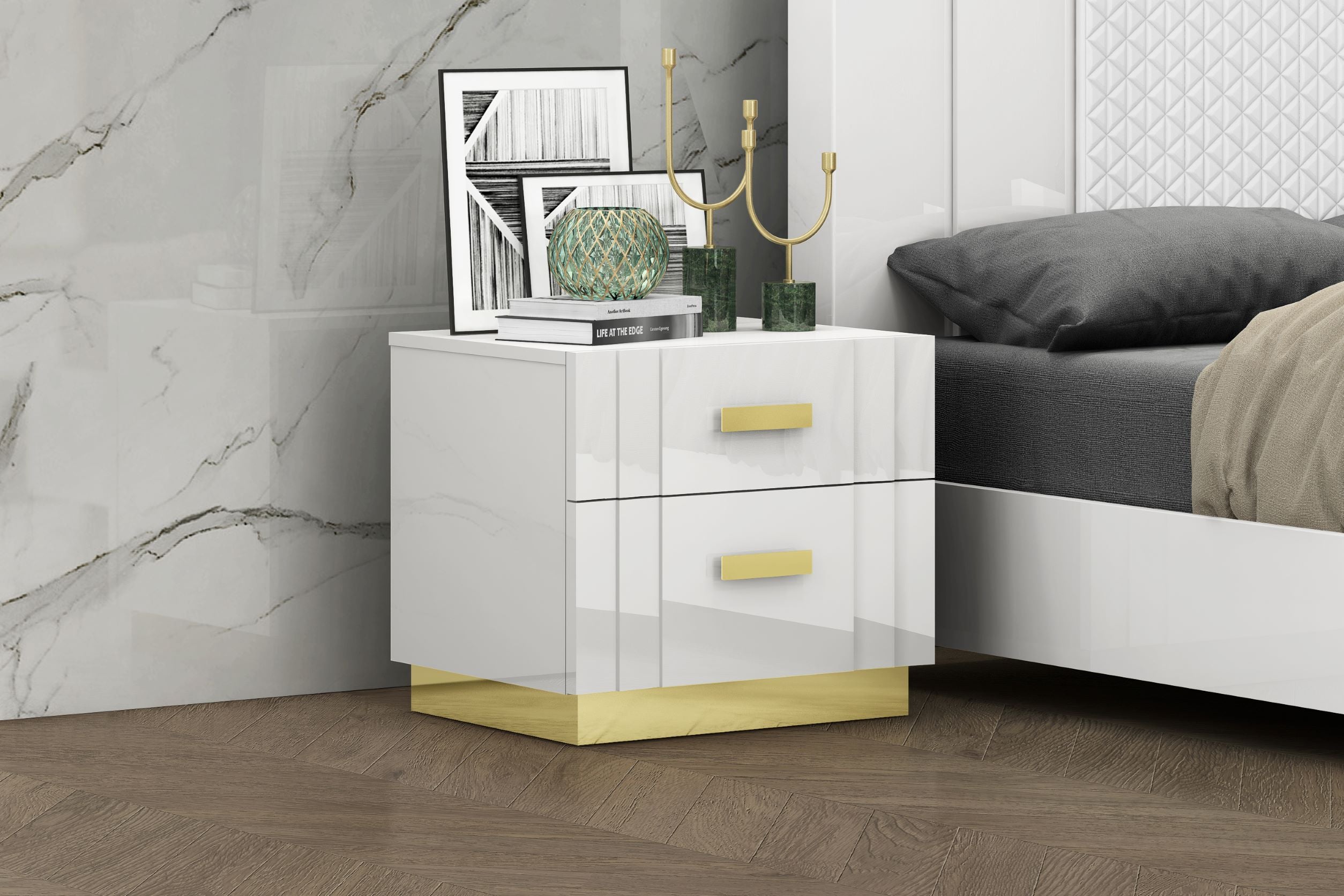 Tanner White & Gold Lacquer 2 Drawer Night Stand SB804