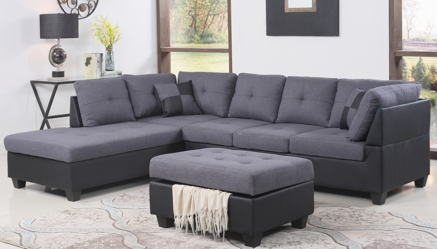 Liya Grey Fabric Reversible Sectional Sofa with Ottoman