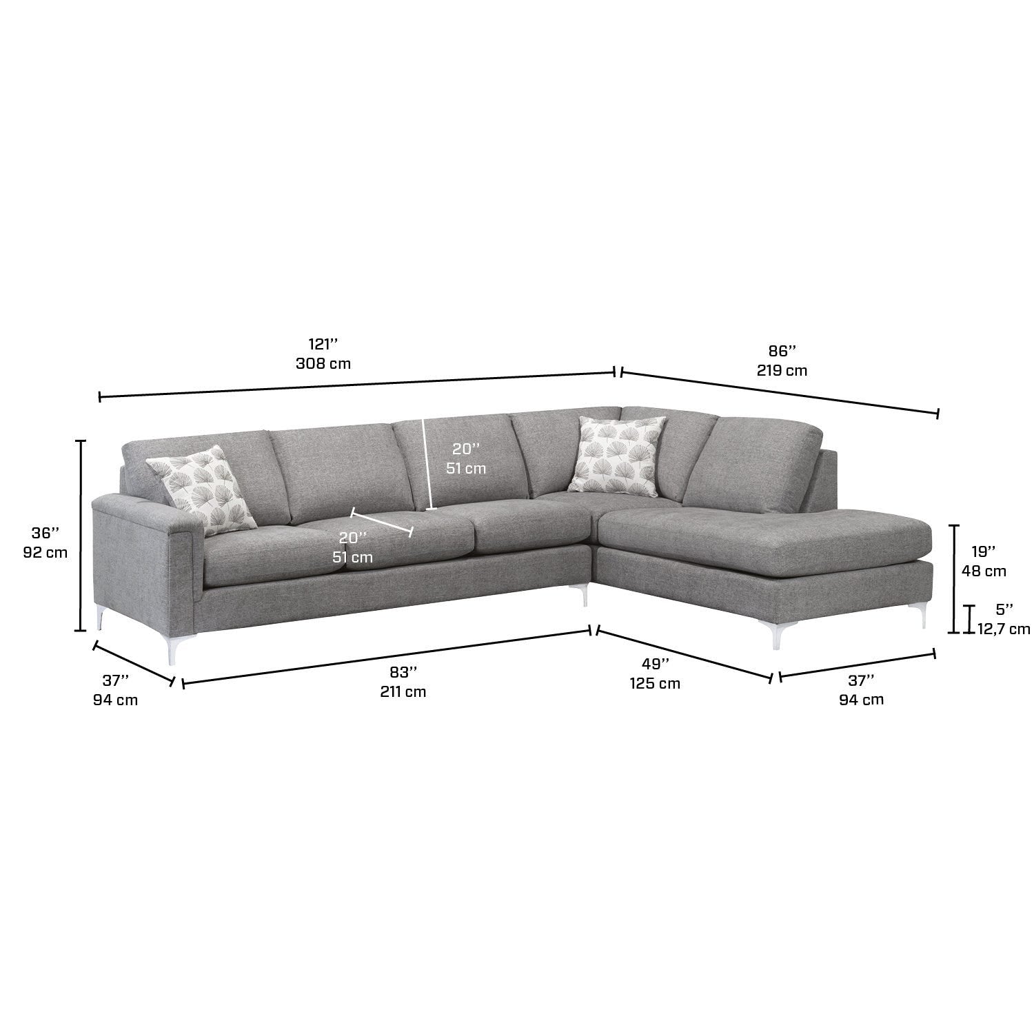 Canadian Made Hopkins Collection Fabric Sectional Sofa in Grey 9814