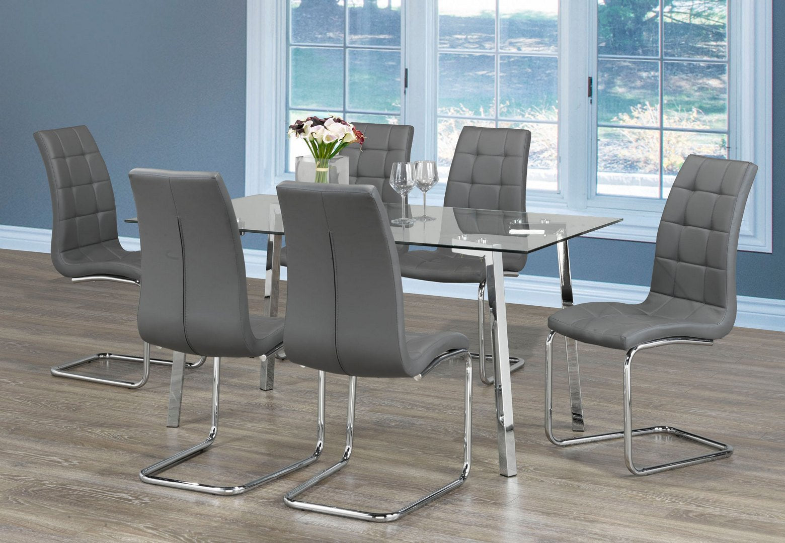 ( Discontinued ) 7PC Glass Dining Set with Grey Chairs 5057 1752