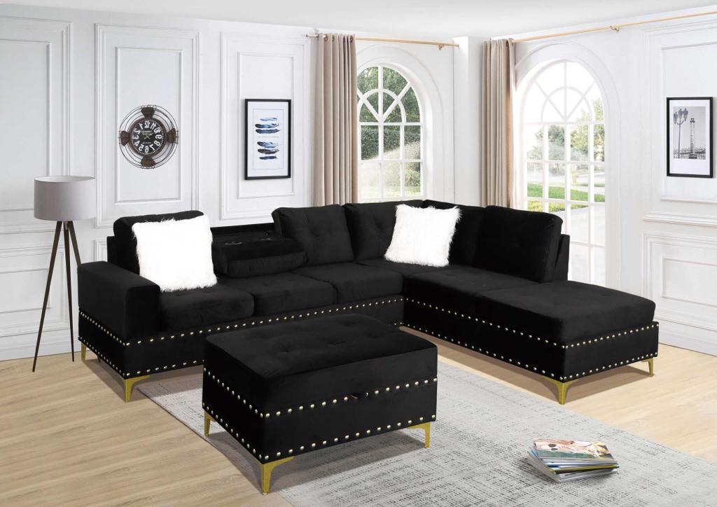 Ivy Sectional Sofa with Ottoman - Black