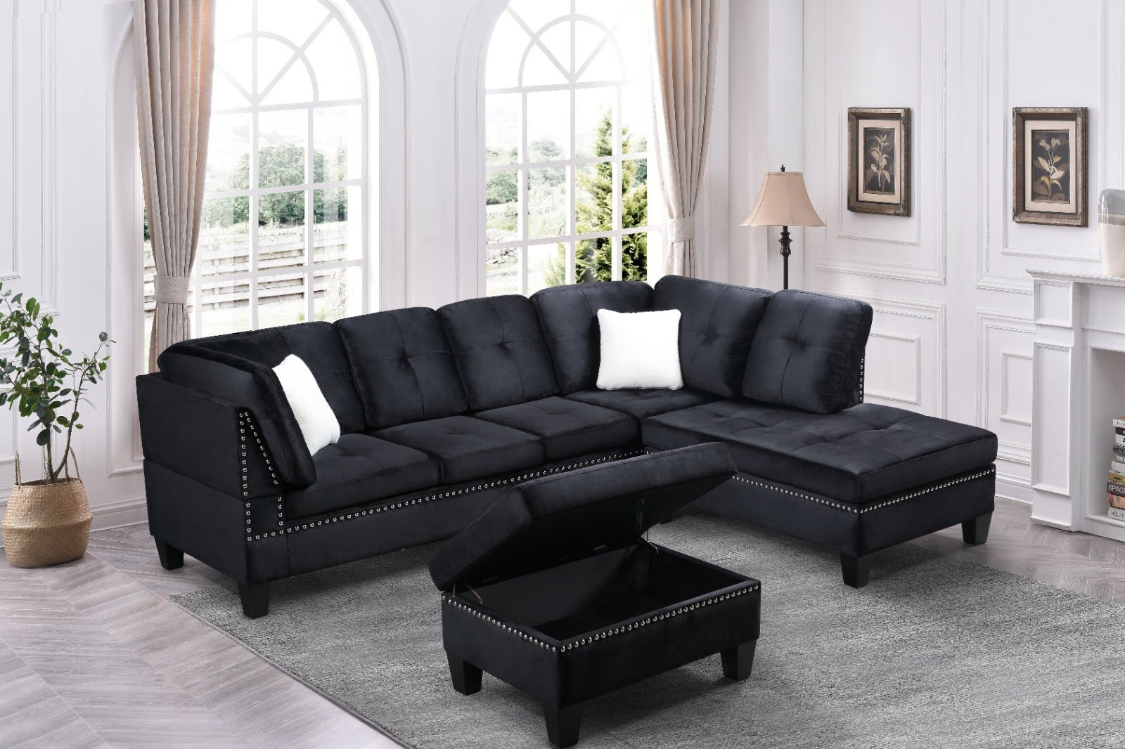 black velvet sectional sofa with ottoman