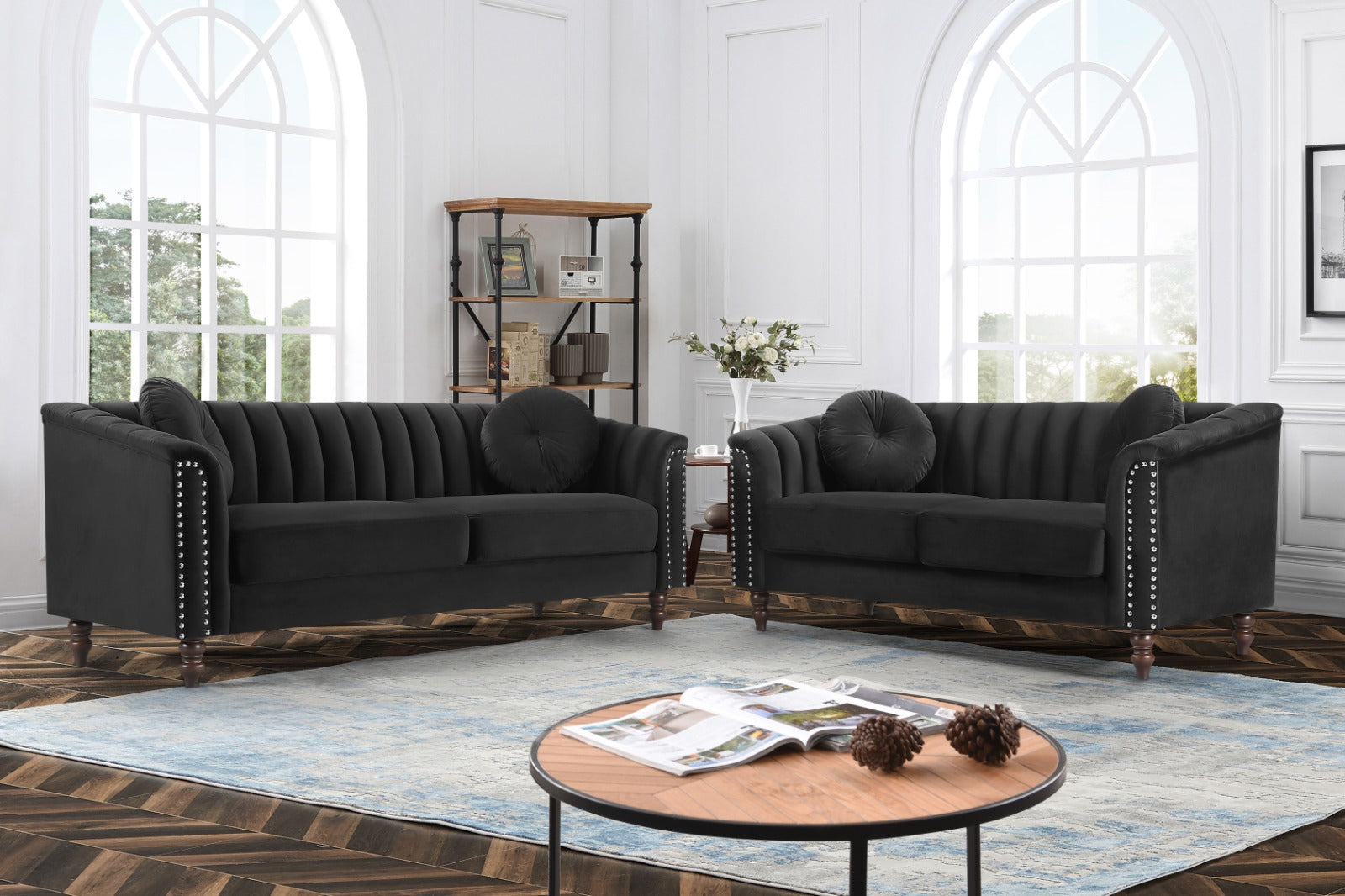 Black Velvet Sofa Set with Throw Pillows 1361