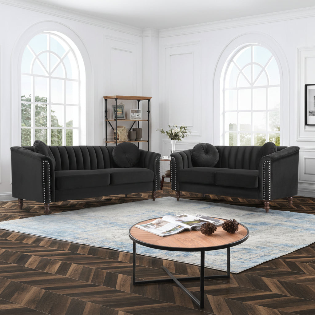 Black Velvet Sofa Set with Throw Pillows 1361