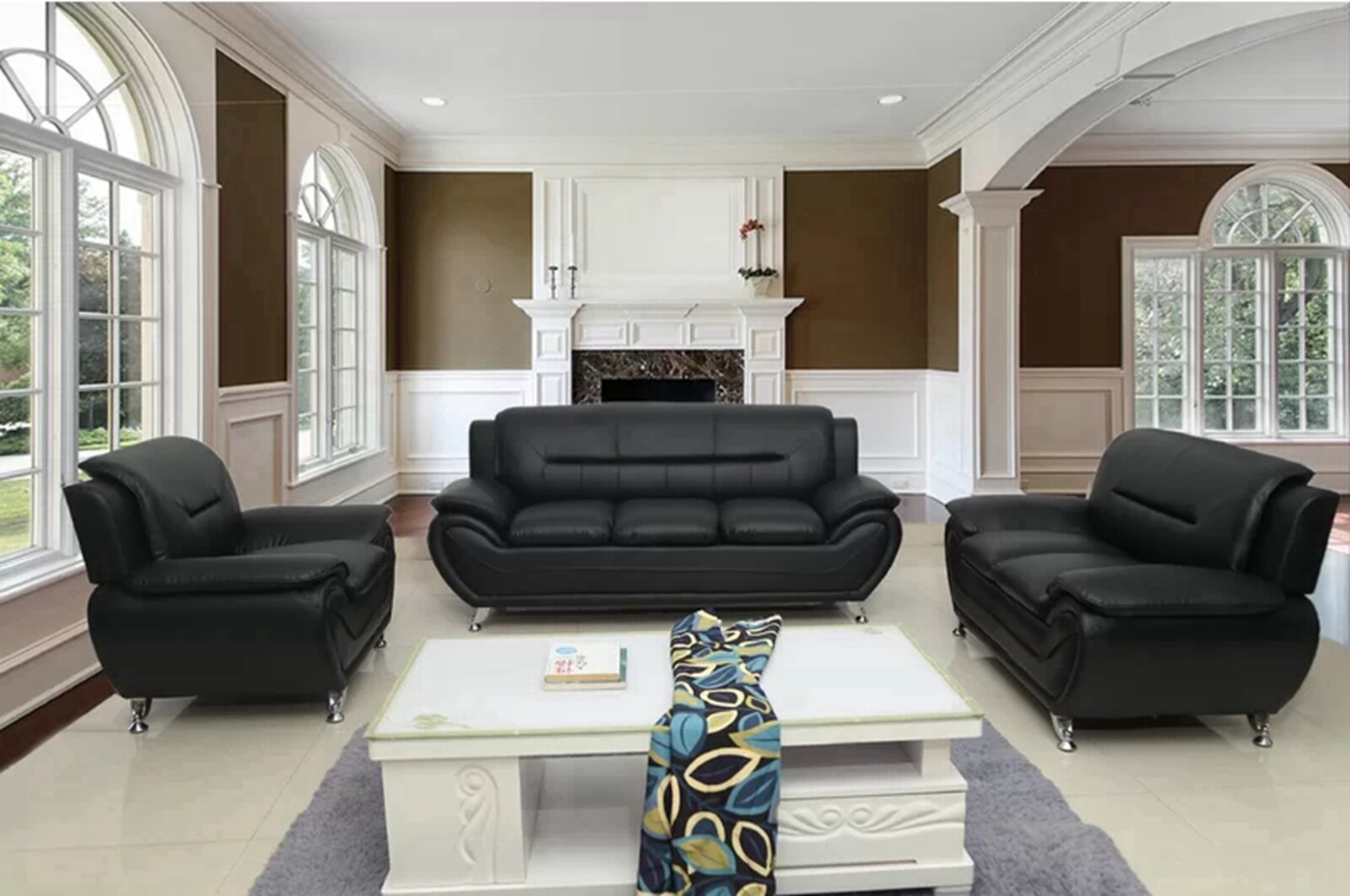 Speedy 3 PC Black Faux Leather Sofa Set 868