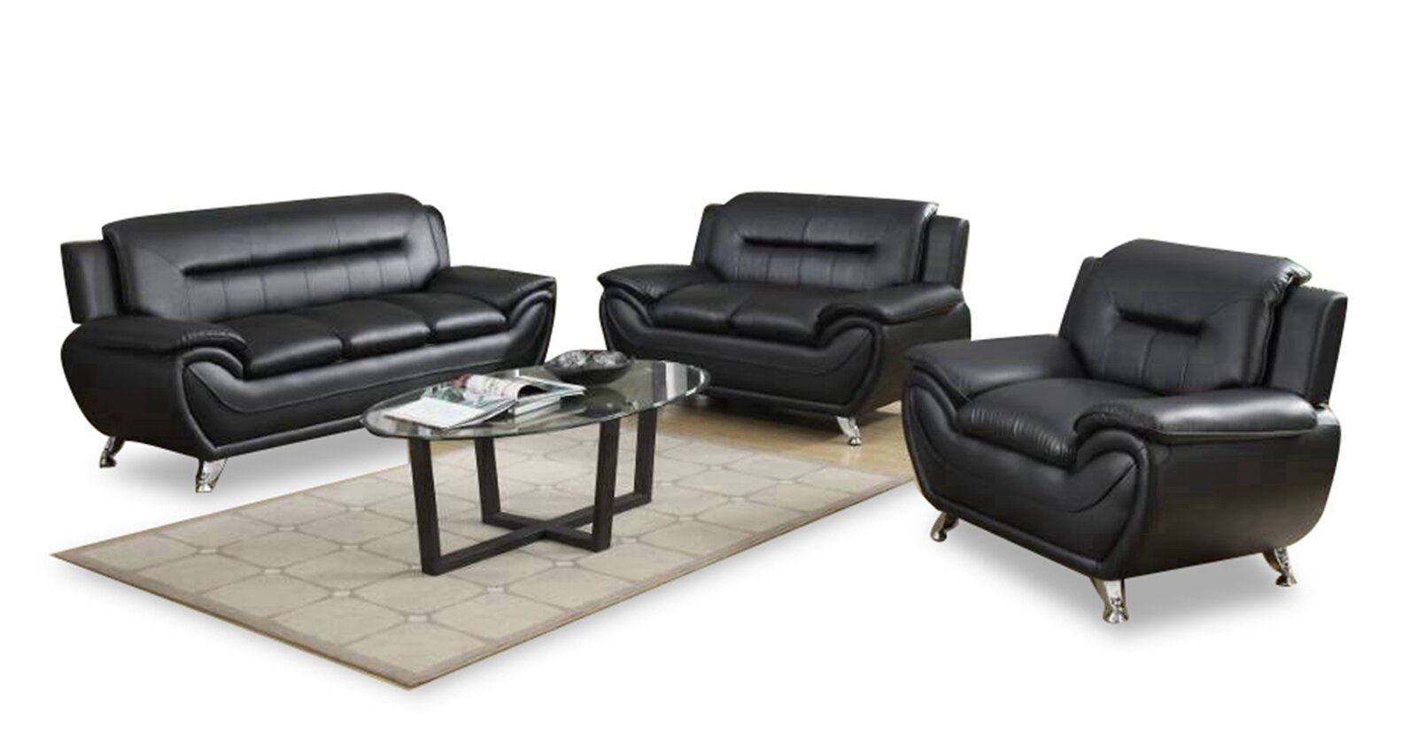 Speedy 3 PC Black Faux Leather Sofa Set 868