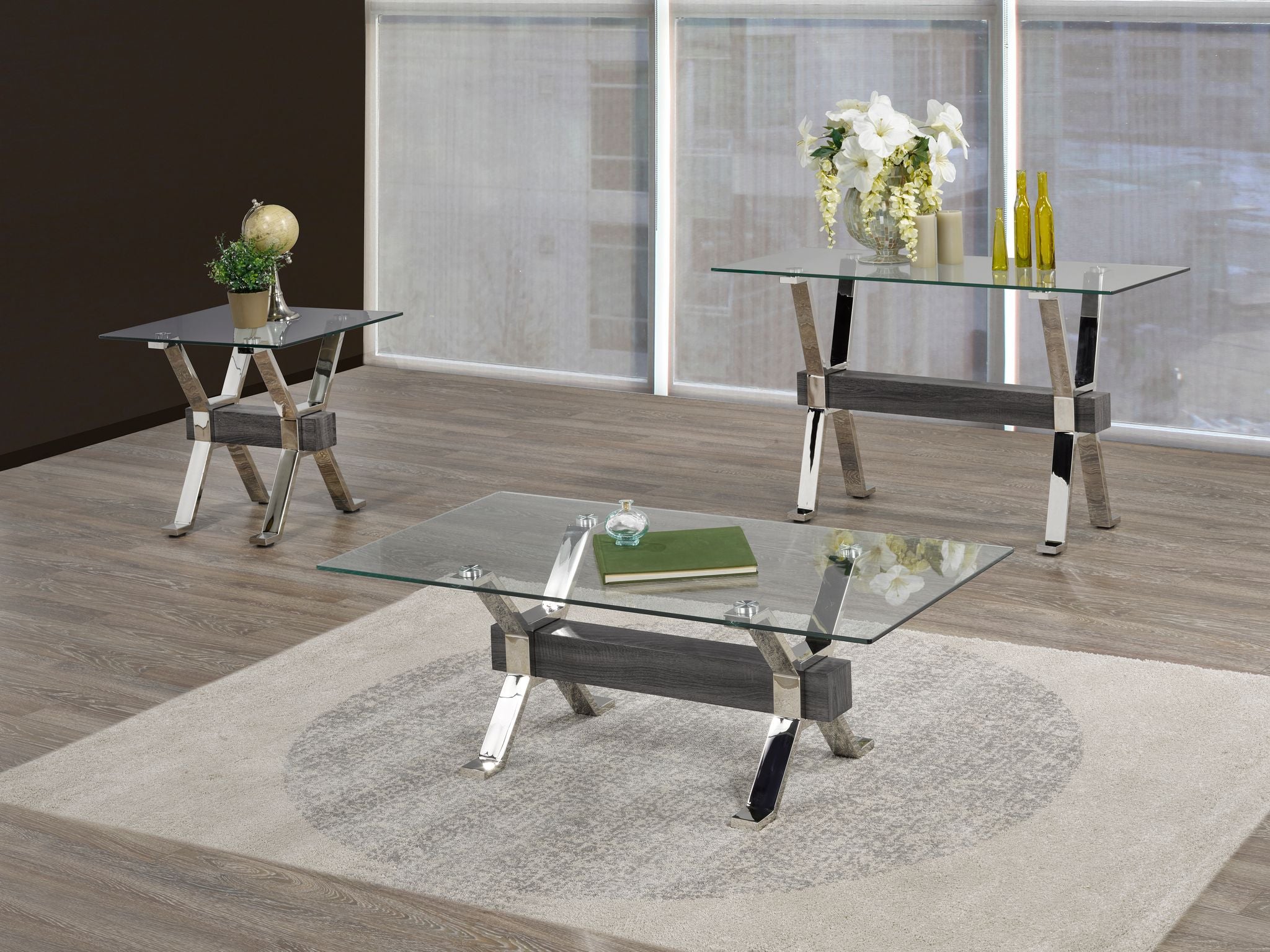 Stylish Rectangular Glass Sofa Table Gray & Silver  B-843 S