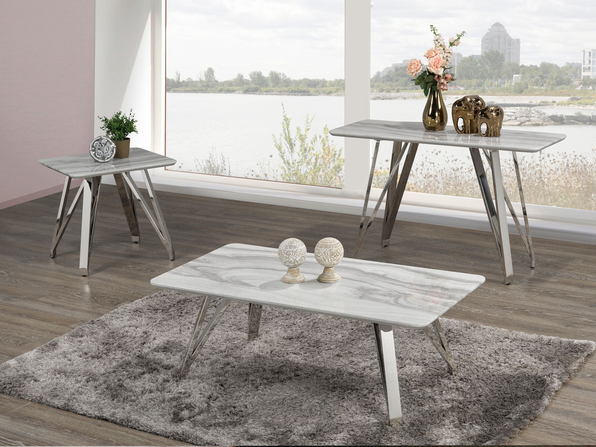 Contemporary Sebastian Sofa Table With Chrome Legs White/Silver B-897 S