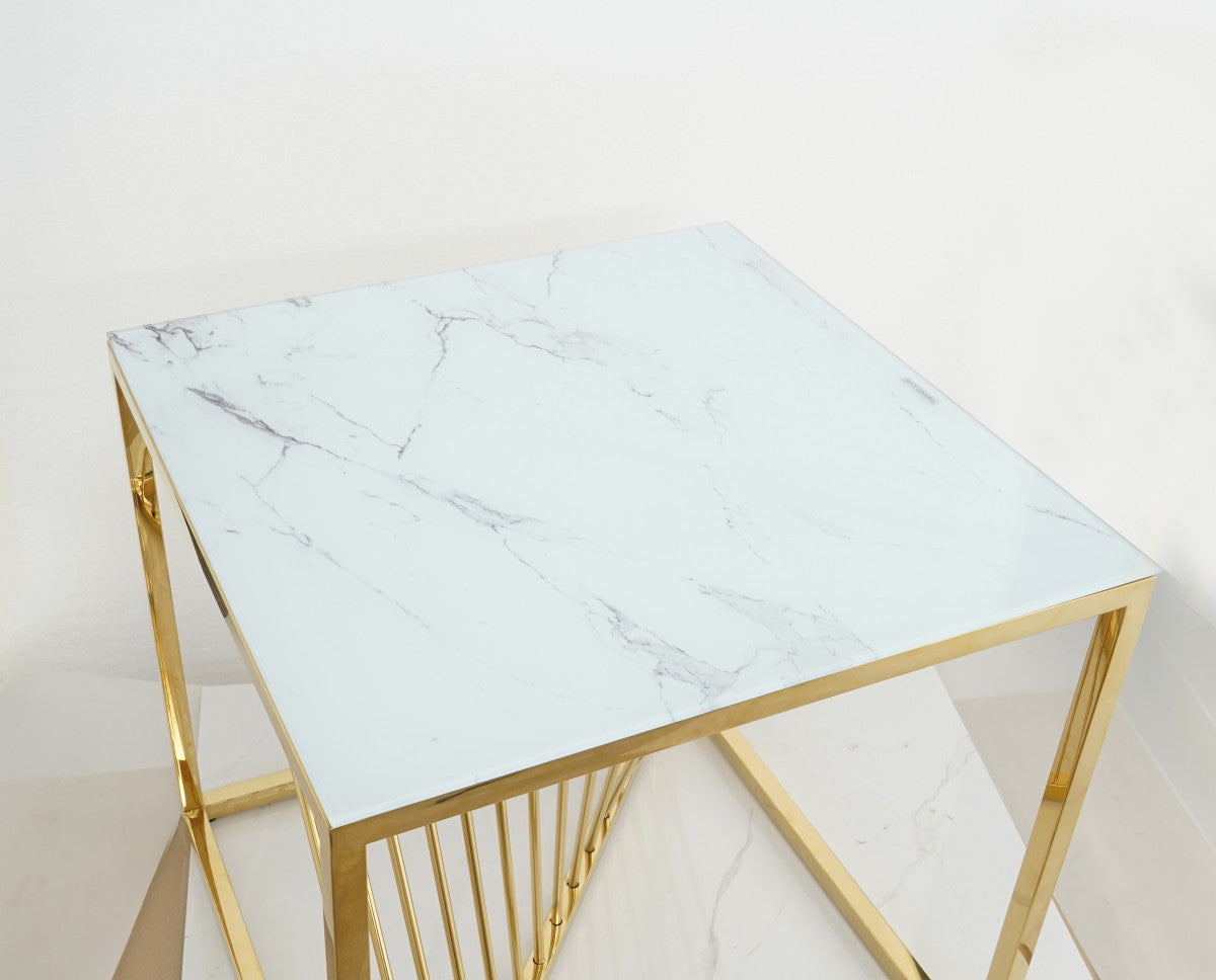 Contemporary Styling Marble Glass Top Side Table With Gold Legs STC-010-C