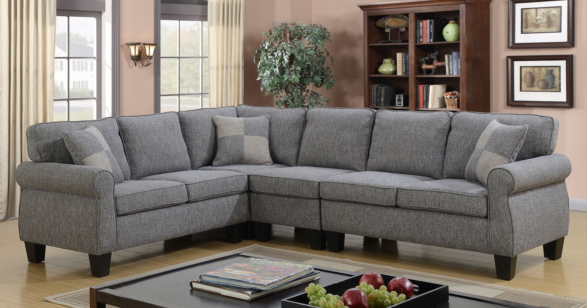 Grey Fabric Sectional Sofa With Moveable Armless Chair C-5351