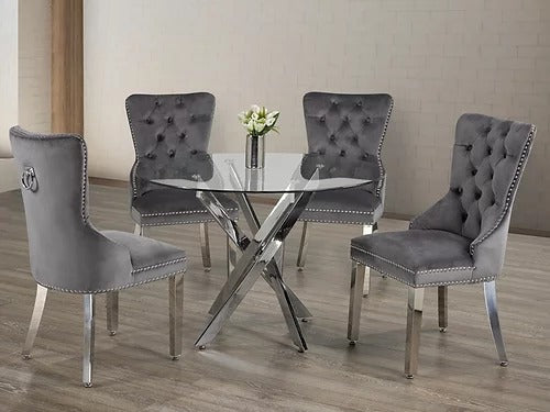 Round Glass Dining Table with 4 Grey Velvet Chairs T-1447/ C-1260