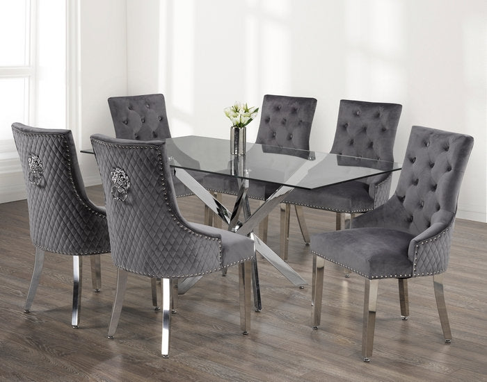 Rectangular Glass Dining Set With Grey Velvet Chairs 1448/ C-1250