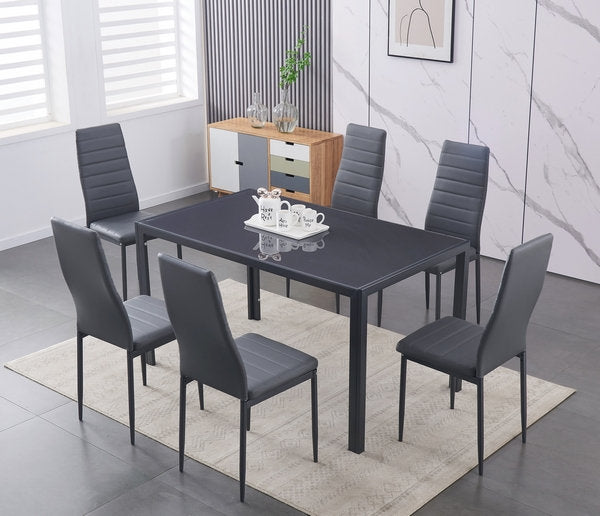 7 PC Dining Set Tempered Grey Glass with Metal Frame 5051