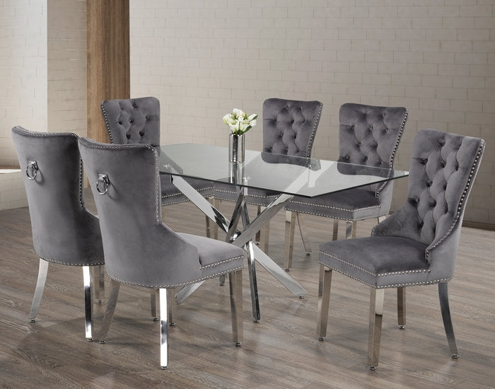 Tempered Glass Dining Table With Grey Velvet Chairs T-1448/ C-1260