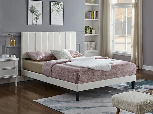White PU Bed with Vertical Tufting Includes Mattress Support IF-5362