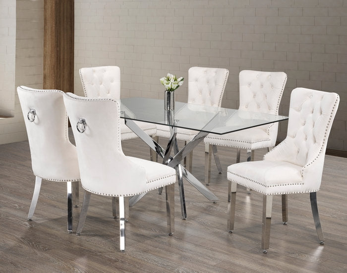 Tempered Glass Dining Table With Cream Chairs T-1448/ C-1263