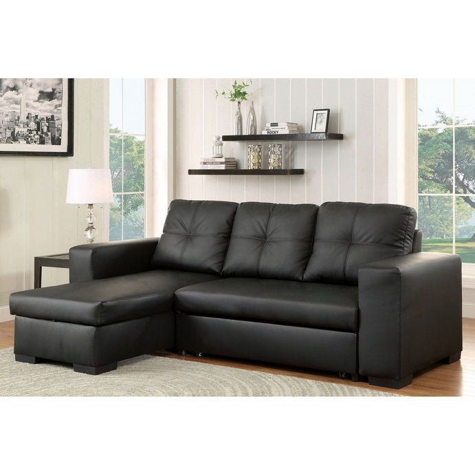 Reversible Black PU Sectional Sofa Bed with Storage Chaise 9032