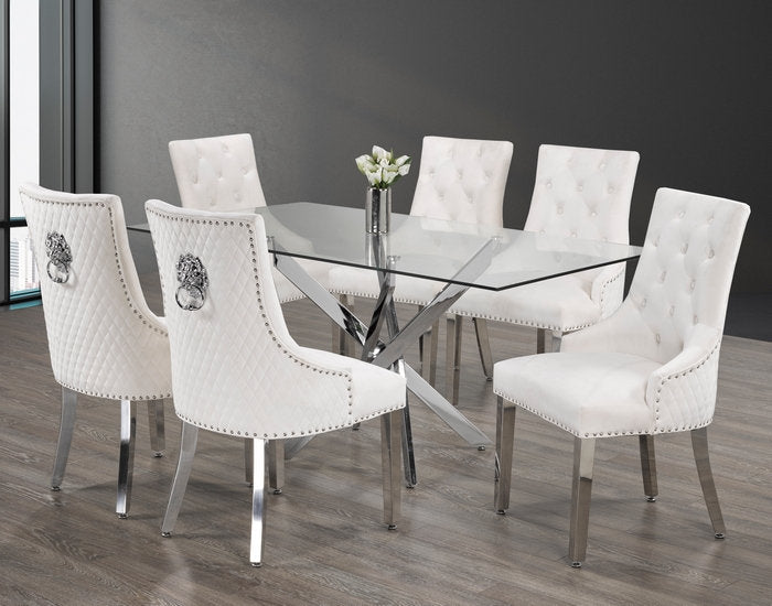 Tempered Glass Dining Table With Cream Velvet Chairs T-1448/ C-1253