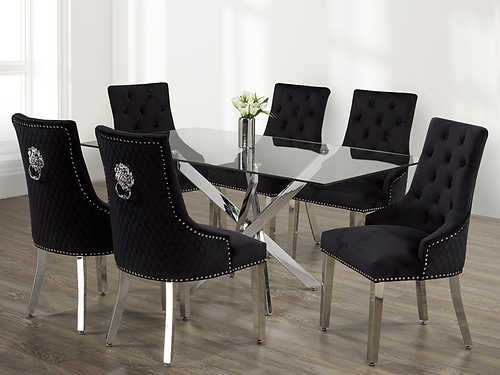 Tempered Glass Dining Table With Black Velvet Chairs T-1448/ C-1251