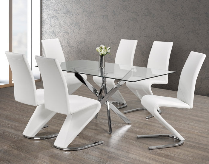 Tempered Clear Glass Dining Table With White Chairs T-1448/ C-1786