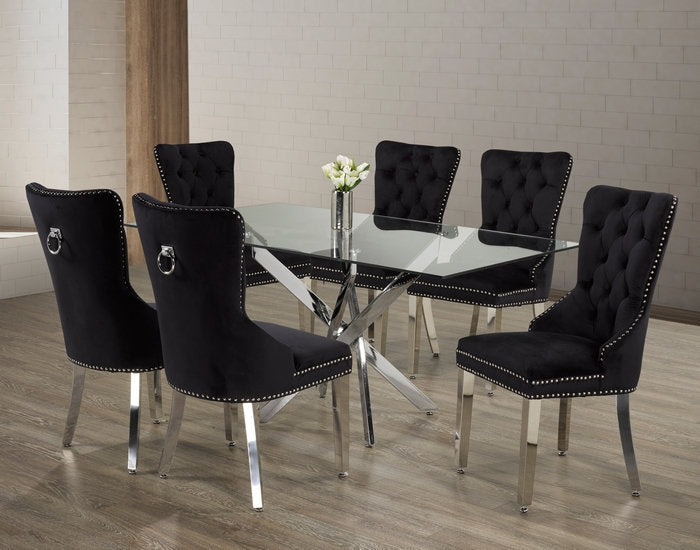 Tempered Glass Dining Table With Black Velvet Chairs T-1448/ C-1261