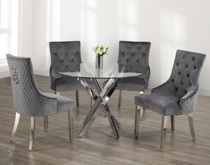 Round Glass Dining Table with 4 Grey Velvet Chairs T-1447/ C-1250